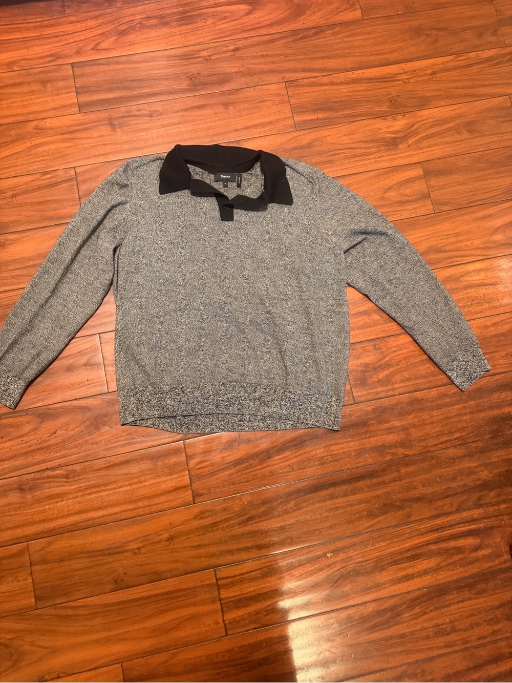 Theory Gray 100% merino wool Sweater with Black polo Collar